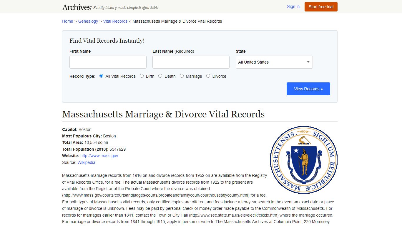 Massachusetts Marriage & Divorce Vital Records - Archives.com